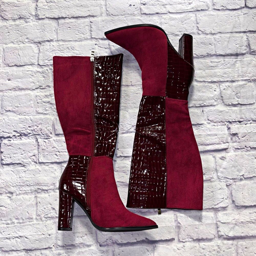 Burgundy Faux Suede Croc-Embossed Mid-Calf Zip Block Heel Boots US 8.5